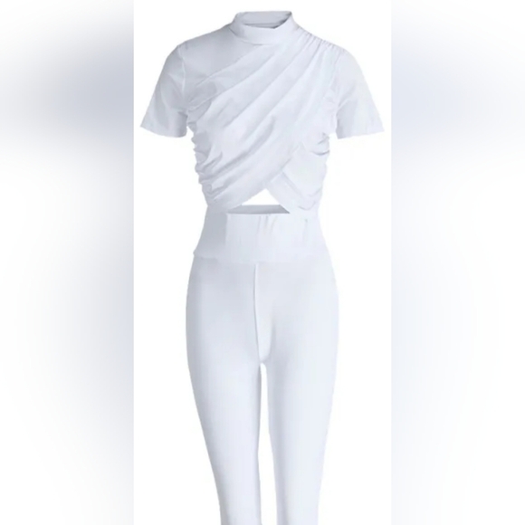 White Solid Split Joint O Neck Short Sleeve Two Pieces - Picture 3 of 4